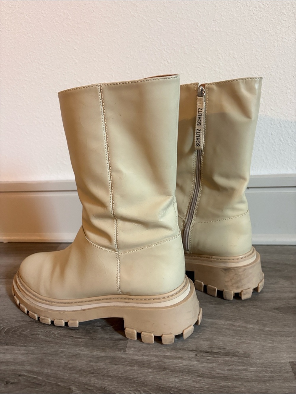 SCHUTZ Cream Lace-Up Lug Sole Mid-Calf Boots